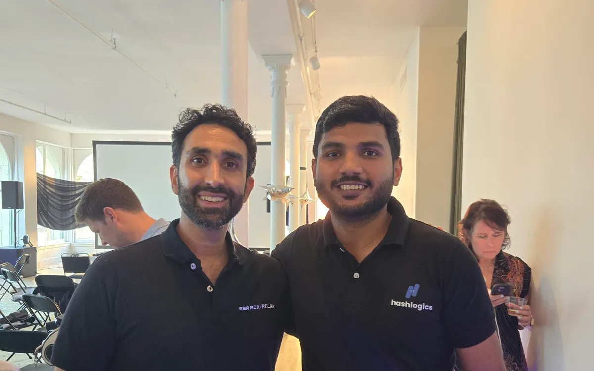 Hashlogics with the founder of SearchAtlas at their AI-SEO event in New York, 2025