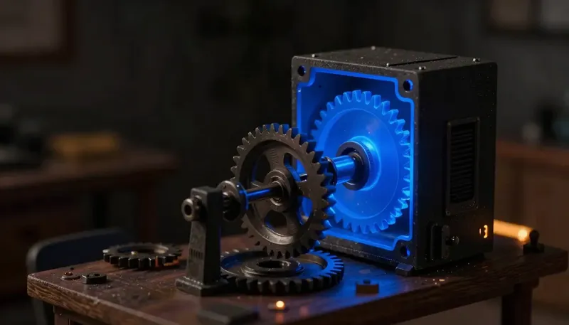 A miniature machine on a workbench has its old gear removed and a new, differently toothed gear in glowing blue acrylic being fitted, one tooth catching wrong, showing a model upgrade landing on someone else's schedule.