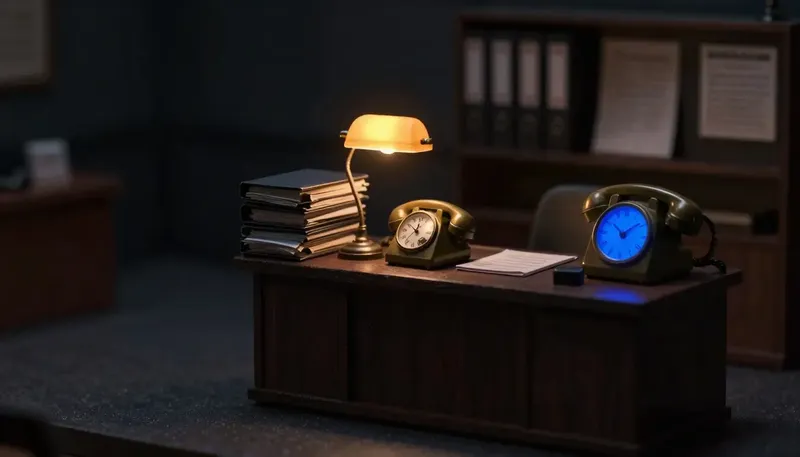Miniature night diorama: an agency desk with policy binders, a phone and a brass clock under an amber lamp, the minute hand cobalt.