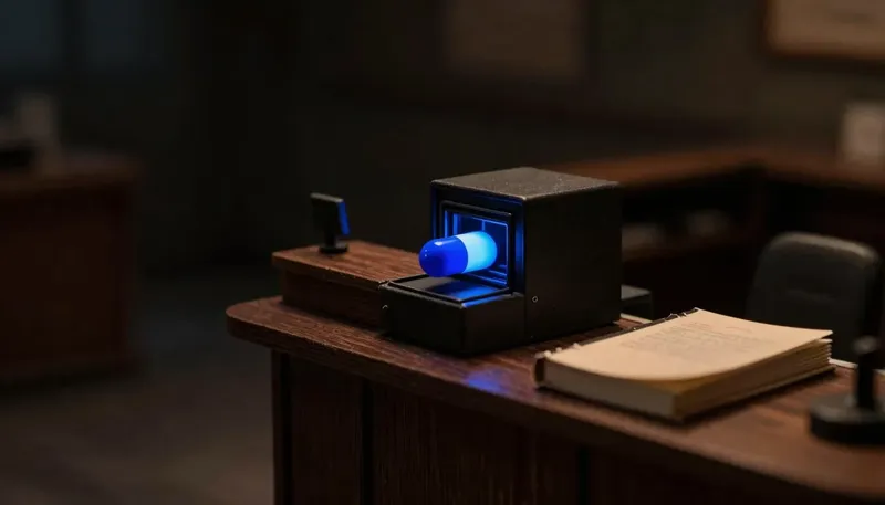 A miniature reception desk with a glowing blue tube terminal catching a message beside a closed, unopened ledger, showing a receptionist that answers but cannot book.