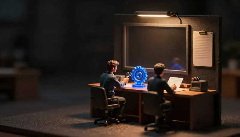 Two faceless wooden figurines share a workbench, one with a wrench and one with a contract card, working on a glowing blue gear assembly together, representing alternatives to a technical co-founder.