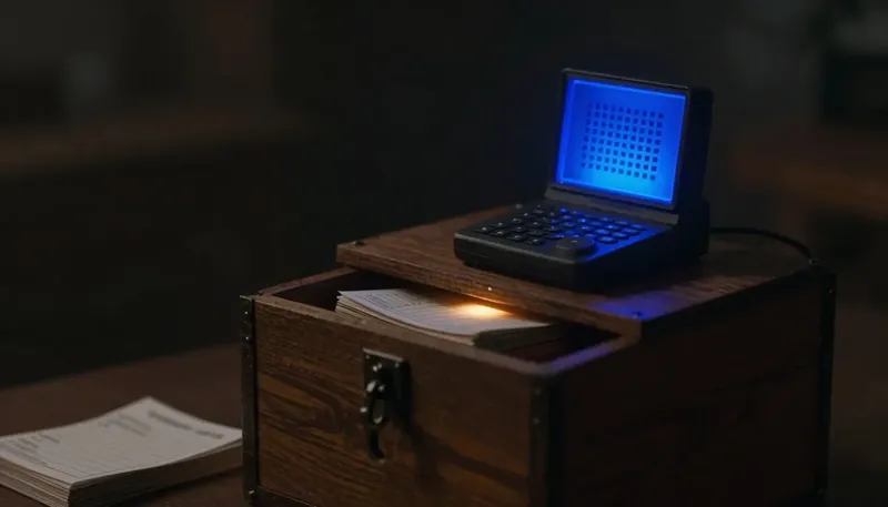A miniature phone terminal in glowing blue acrylic sits above a sealed archive box with no keyhole, call-log cards jammed inside, showing a voice agent nobody can review is running on faith.