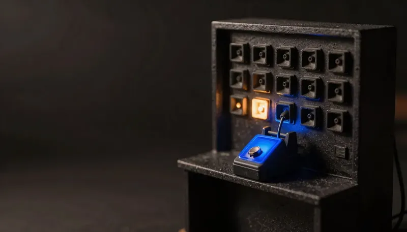 A miniature switchboard has a dozen blank jacks but only one wired and lit in glowing blue acrylic, feeding a single test terminal, showing a voice pilot proving itself on one call type before it widens.