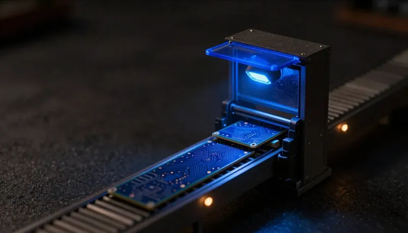 A miniature stamping press feeds panels toward a narrow inspection gate in glowing blue acrylic, with panels backing up on the press side, showing agentic coding output limited by how fast review lets it through.