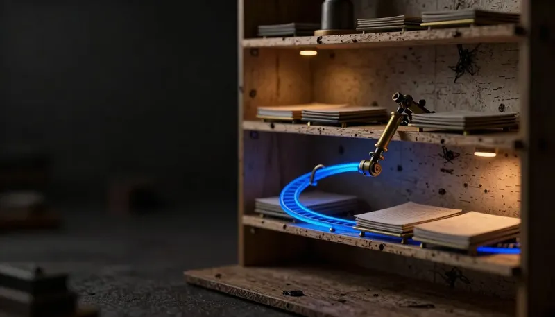 A mechanical arm on a glowing blue looping rail circles back to recheck a document tray, representing agentic RAG's decision loop.