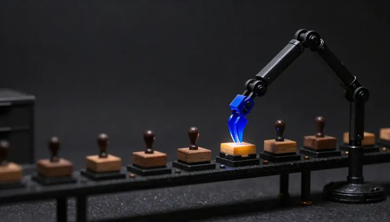 A miniature articulated arm moving station to station along a workbench, its glowing blue joint reaching for the next stamped task, showing trust built one tool call at a time.