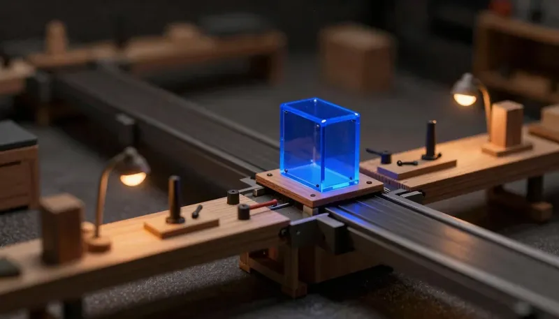A miniature conveyor lane keeps its plain birch hand-tool stations but has one station replaced by a sealed module in glowing blue acrylic, showing AI added inside an existing workflow rather than replacing it.