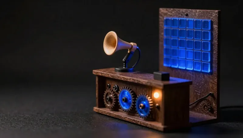 A miniature reception desk opens a panel below its plain voice horn to reveal relays, gears and a calendar drum in glowing blue acrylic, showing an AI receptionist is the machinery underneath, not just the voice.
