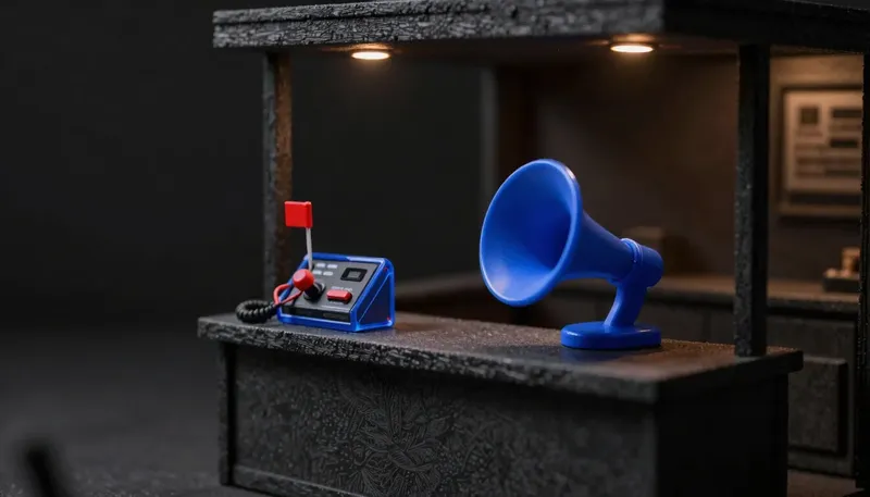 A miniature reception desk has an escalation panel and lever wired in glowing blue acrylic already built, while the speaker horn beside it still sits unmounted, showing the escalation plan comes before the voice.
