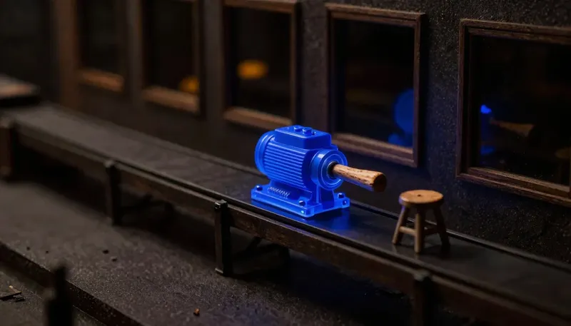 A miniature conveyor lane in glowing blue acrylic has a crude hand-crank bolted where a motor should sit, with a stool pulled up beside it, showing an automation still needing someone to run it by hand.