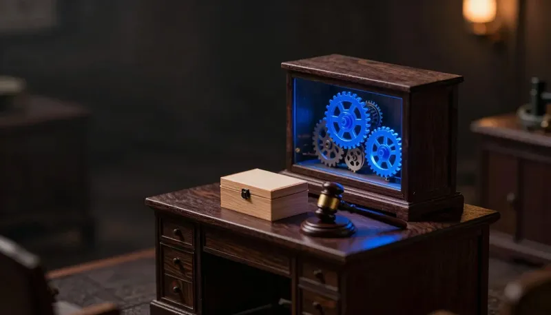 A miniature hearing-room desk has a sealed box beside an open one whose gear train shows through glass in glowing blue acrylic, showing a regulator needs to see how the model decided, not just the answer.
