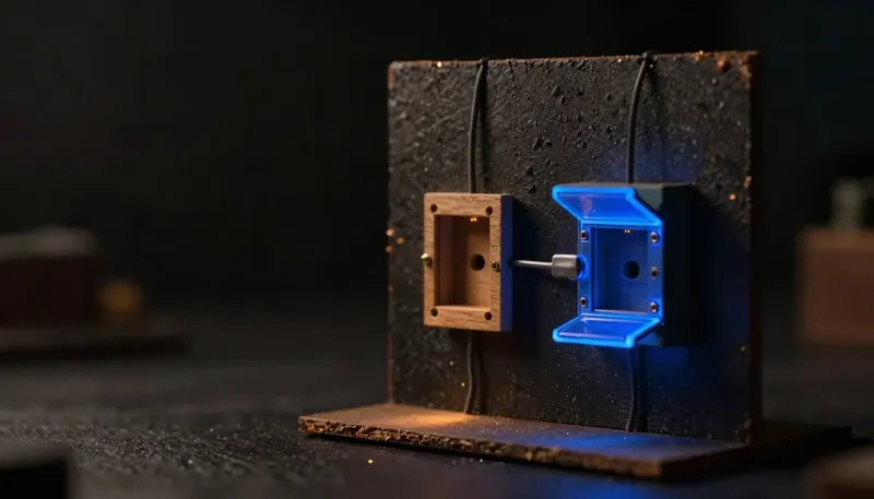A miniature wall panel compares a plain wired socket with a second socket routed through a gate box in glowing blue acrylic, showing an MCP server adding judgment on top of a bare API connection.