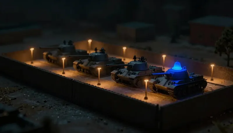 Miniature night diorama: a deserted model tank farm of ringing catwalk bells with one bell dome glowing cobalt.