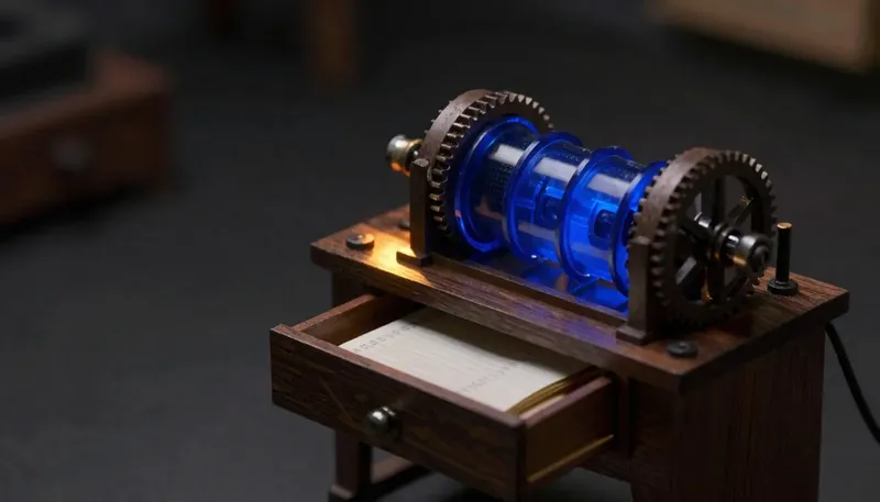 A miniature running machine with a hidden drawer beneath it holding a glowing blue ledger drum, showing the audit trail nobody asks for until they need it.
