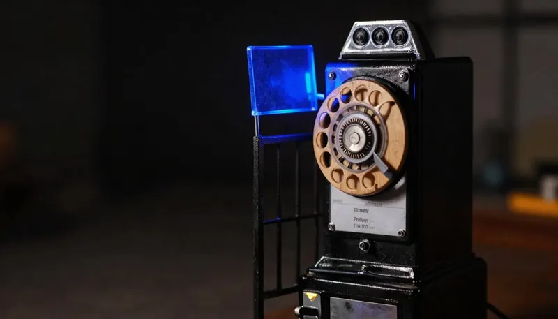 A miniature phone switchboard routes its dialing wheel through a gate with a permission flag in glowing blue acrylic that must rise before the call connects, showing consent designed into the dialing process itself.