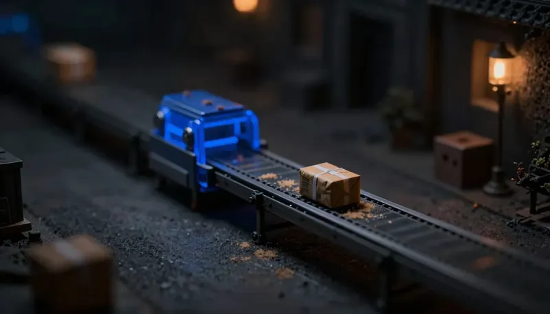 A miniature conveyor lane sits stalled with a parcel frozen mid-belt and dust settling, its drive drum in dimmed glowing blue acrylic, showing an automation that stops without ever raising an alarm.
