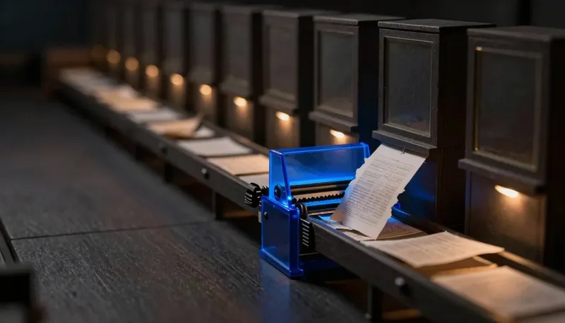 A miniature loading hopper feeds torn, disordered pages into a cutting station in glowing blue acrylic, with the downstream index drawers still empty, showing bad RAG answers start at the very first ingest step.