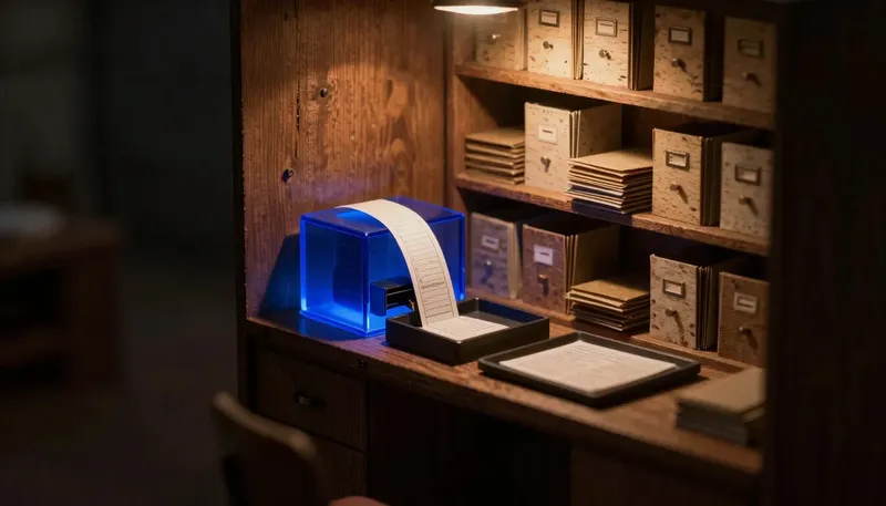 A filing room stacked with ledger folders feeds a punch card into a glowing blue batch-processing box, representing legacy batch files running the insurance industry.