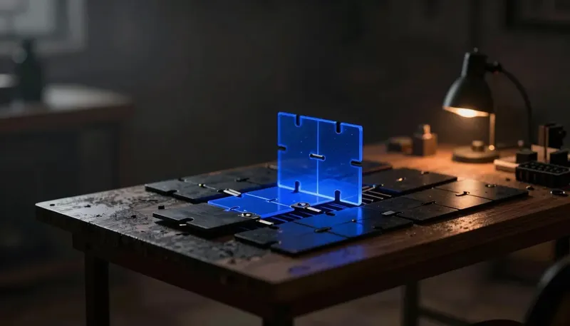 A miniature snap-together building-block platform has most panels loosely clicked in, but one section reinforced underneath with struts in glowing blue acrylic, showing Bubble holding up once it is properly engineered.