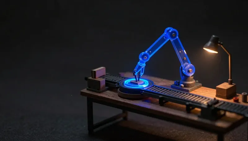 A miniature closed conveyor loop in glowing blue acrylic has an articulated arm continuously picking, inspecting, and replacing a part on the same loop, showing a product built around a repeating decision loop.