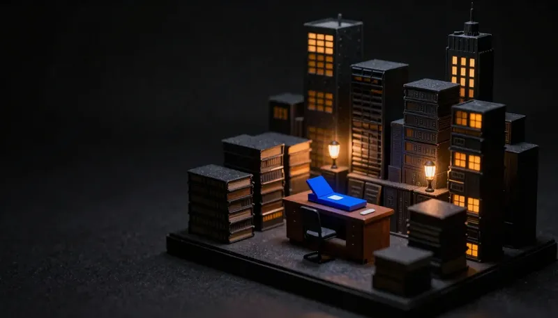 Miniature night diorama: a night accounting-office diorama: ledger stacks like a city skyline under amber lamps, one desk clear and calm where a cobalt scanner bed glows