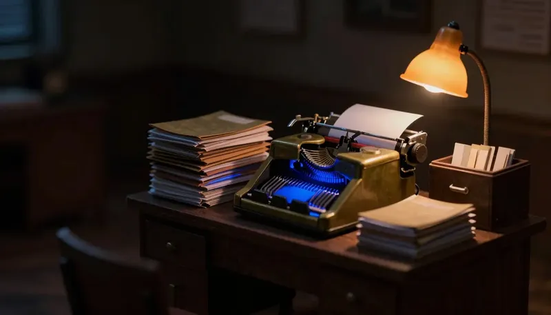 Miniature night diorama: an accounting desk buried in closed folders with a brass adding machine under an amber lamp, the tape glowing cobalt.