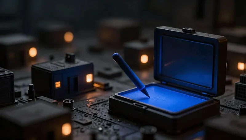 A faceless white-coat nurse figurine stamps a chart card with a glowing blue ink pad beside a hospital bed, representing clinical AI shipping only after nurse sign-off.