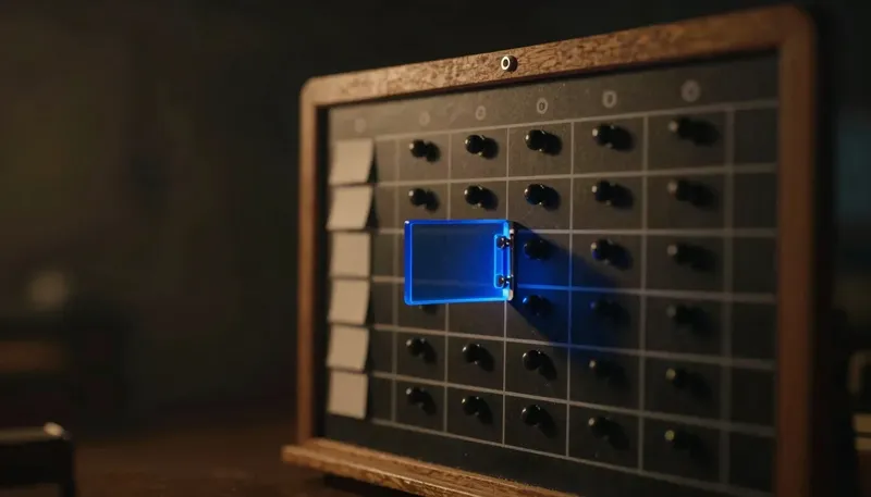 A miniature scheduling board has a hinged eligibility gate in glowing blue acrylic built into the peg slot itself, blocking a shift peg until cleared, showing compliance checked at scheduling time, not after.