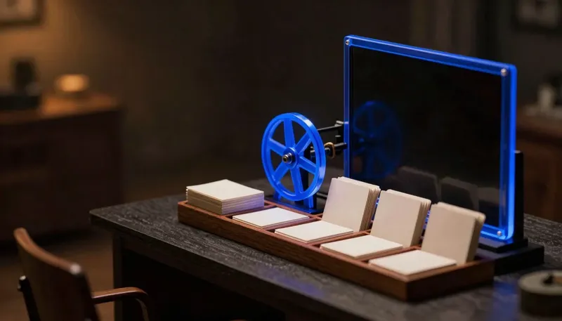 A miniature desk with a limited card tray and a ledger wheel that decides which cards stay, built in glowing blue acrylic, showing how a context window is a budget to manage, not a well to fill.