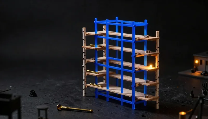 A scaffold model is stripped of extra platforms down to a solid glowing blue core frame, representing cutting scope while keeping engineering intact.