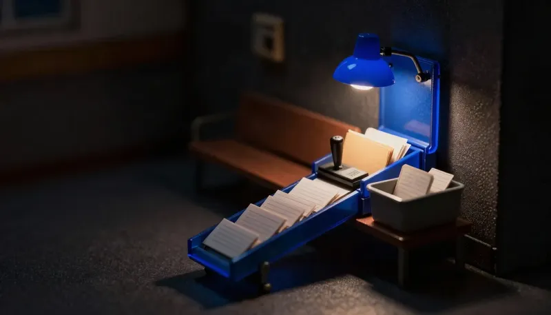 A miniature hospital records bench punching out paper name tags before a folder slides down a glowing blue chute, showing where clinical AI de-identification gets real.
