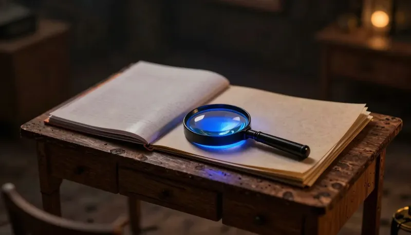 A magnifying loupe glowing blue inspects a stack of evidence folders while a glossy brochure sits pushed aside, representing ESG scores reading evidence over marketing.