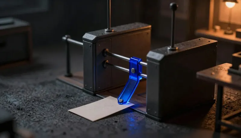 A miniature turnstile gate with a glowing blue locking cam blocking a cart, a discarded paper card beside it, showing why guardrails must be code, not a note.