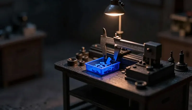 A miniature pressing die feeding parts into a caliper cradle with a glowing blue reject chute catching a bad part, showing hallucinations caught by system design.