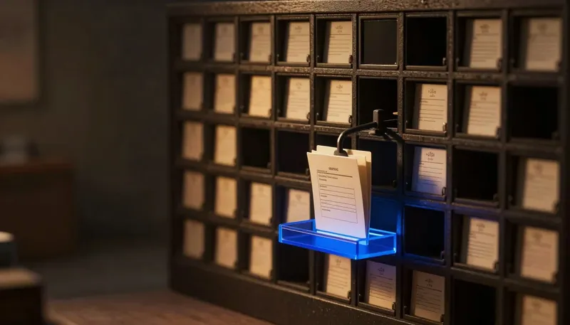 A miniature staffing archive wall of document pigeonholes with a carousel arm pulling one verified folder to an outbound tray in glowing blue acrylic, showing the real product is a verified document, on time.