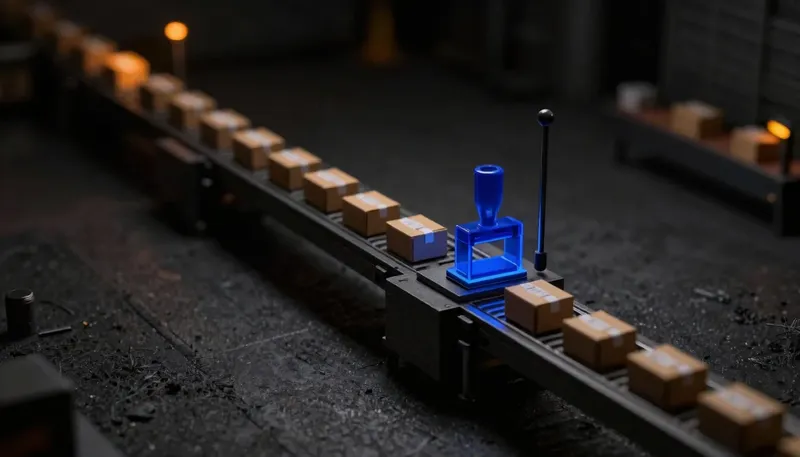 A miniature conveyor line with a glowing blue inspection platform placed mid-line rather than at the end, showing human review built in as a feature, not an apology.