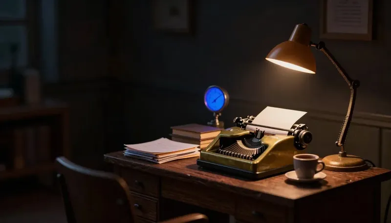 Miniature night diorama: an owner's desk with a brass adding machine, stacked job folders, a coffee cup and a small gauge whose needle glows cobalt.