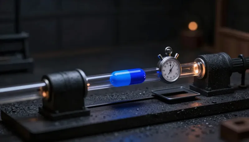 A miniature pneumatic tube between two terminals with a stopwatch timing the capsule's travel, the tube in glowing blue acrylic, showing that in voice AI the gap between question and answer is the product.