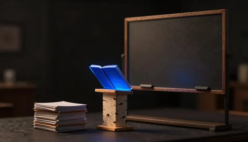 An open rulebook glows blue along its spine on a podium beside stacked policy folders, representing insurance AI winning where rules are written down.