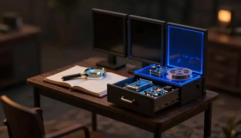 A miniature diligence table with a magnifying loupe over an open drawer of circuit boards and code reels in glowing blue acrylic, showing investors now inspect the engineering itself, not just the numbers.