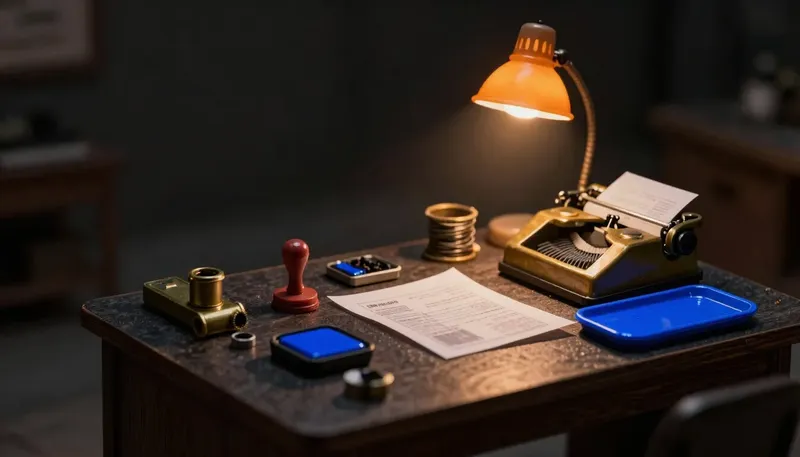 Miniature night diorama of a contractor back office: a bill spike, a stamp and inkpad, a brass adding machine, a coil of wire and a pipe fitting as paperweights under an amber lamp, one cobalt tray at the end of the desk.