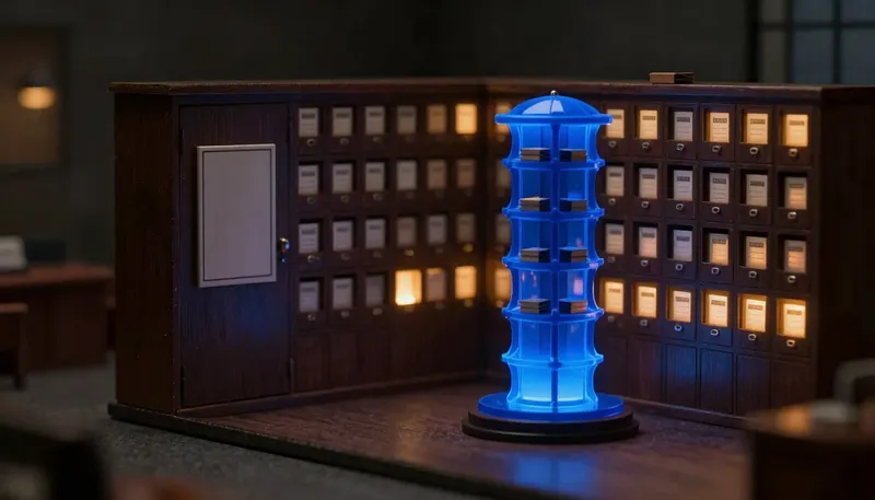 A miniature legal archive with a rotating carousel routing case files to lawyer pigeonholes, in glowing blue acrylic, next to a locked untouched cabinet, showing AI that routes cases but does not price them.