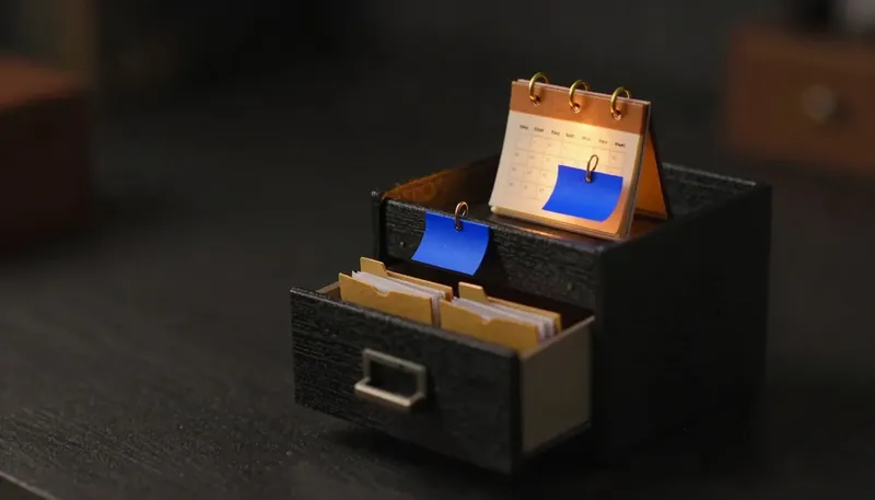Miniature night diorama: a filing drawer of tiny service-agreement folders with brass tabs sliding toward an amber-lit calendar block, one cobalt reminder tag.