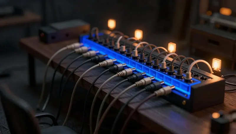 A miniature patch bay swapping tangled custom cables for one row of identical plugs on a universal rail in glowing blue acrylic, showing MCP turning many custom integrations into one shared connector.