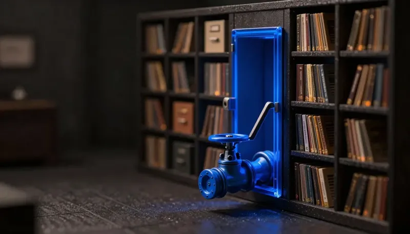 A miniature filing vault where one lever-valve sends any shelf's records straight down a delivery chute, the valve in glowing blue acrylic, showing how close one tool call brings a model to your data.