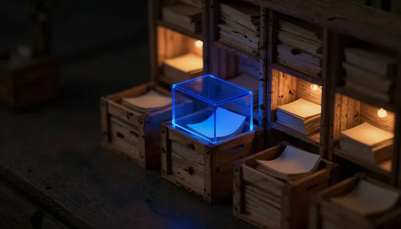 A storage room of crates holds crumpled note cards, with one glowing blue crate lid ajar, representing decisions buried in meeting notes.