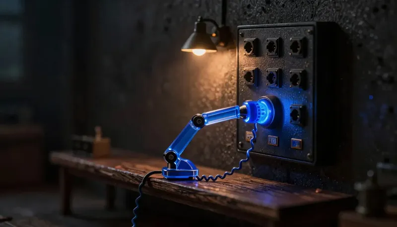A miniature switchboard with an unanswered ringing jack, while a mechanical arm from a rival board reaches over to catch the same call cord, the arm in glowing blue acrylic, showing missed calls going elsewhere.