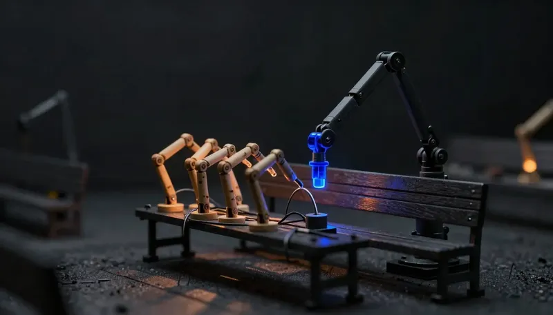 A miniature single glowing blue arm working alone beside five tangled plain arms on the same task, showing multi-agent complexity as a tax best paid late.