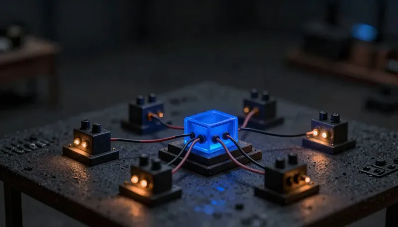 A miniature layout of five branch switchboards all wired into one raised central relay hub, the hub in glowing blue acrylic, showing many locations sharing a single phone brain instead of five separate ones.