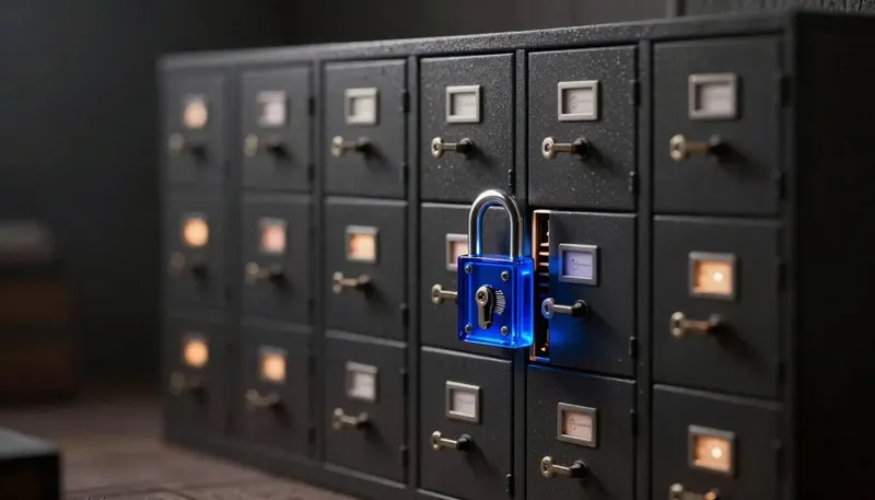 A miniature row of separately locked filing cabinets with steel dividers, one lock's tumbler pins wired to a verification gauge in glowing blue acrylic, showing isolation between tenants that can be proven, not assumed.